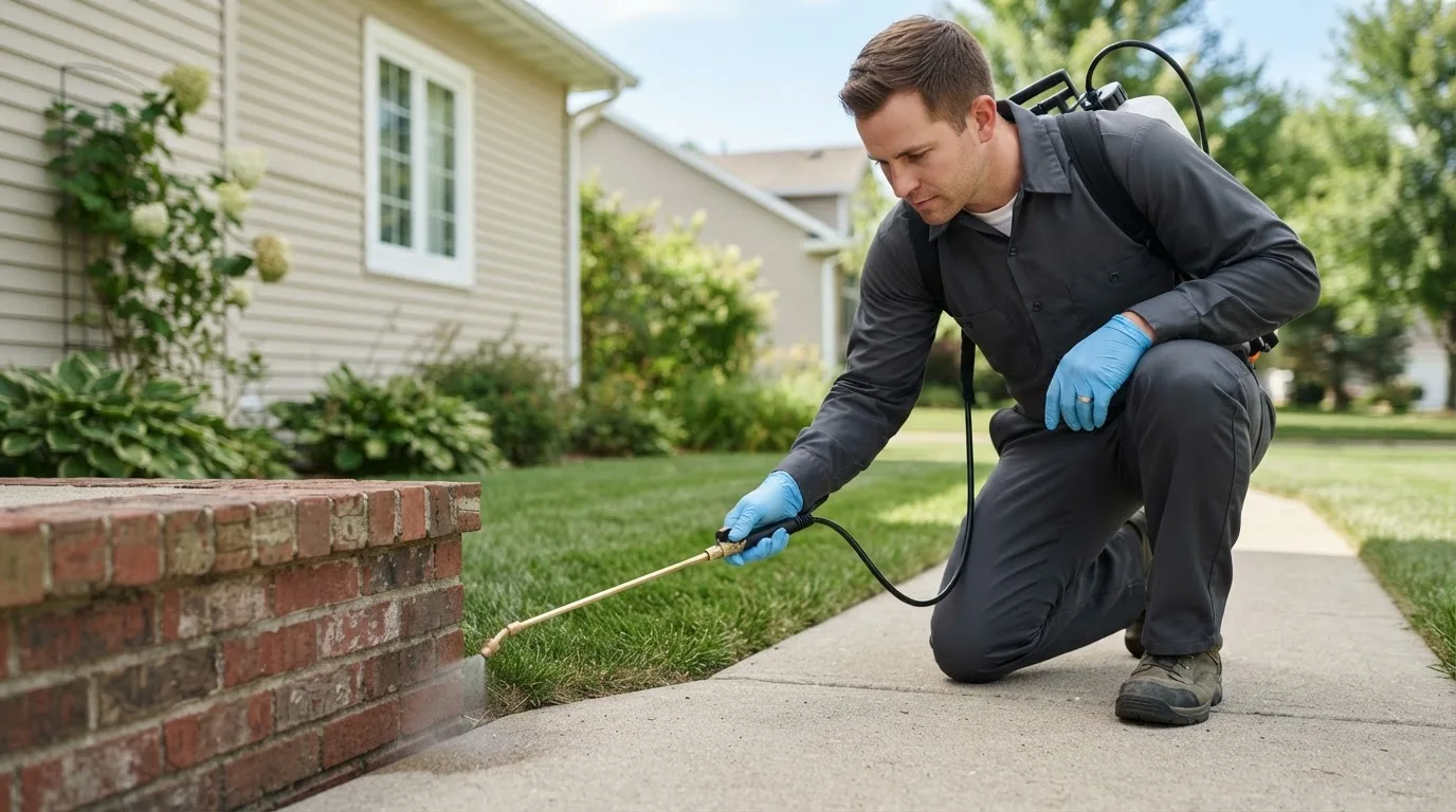Pest control technician treating a home near Milbank, SD